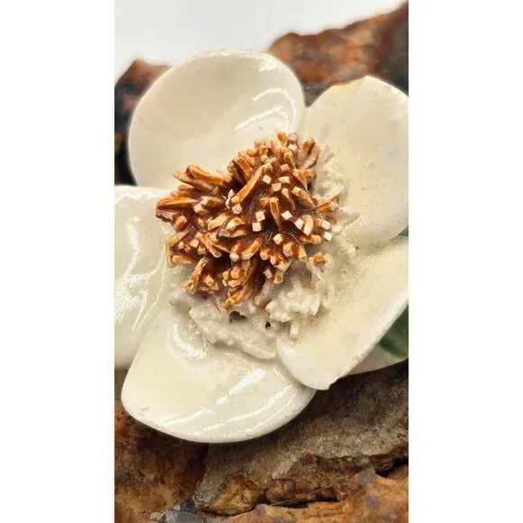 Vintage White Magnolia Porcelain Flower Brooch With Gold-Tone Center Leaf Detail - Picture 2 of 7